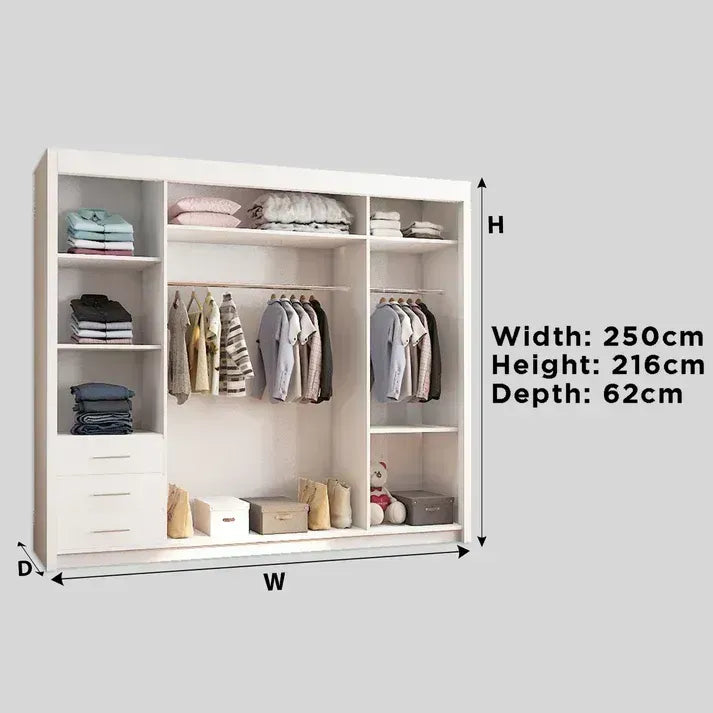 Miro 3-Door Full Mirror Sliding Wardrobe - 250 cm